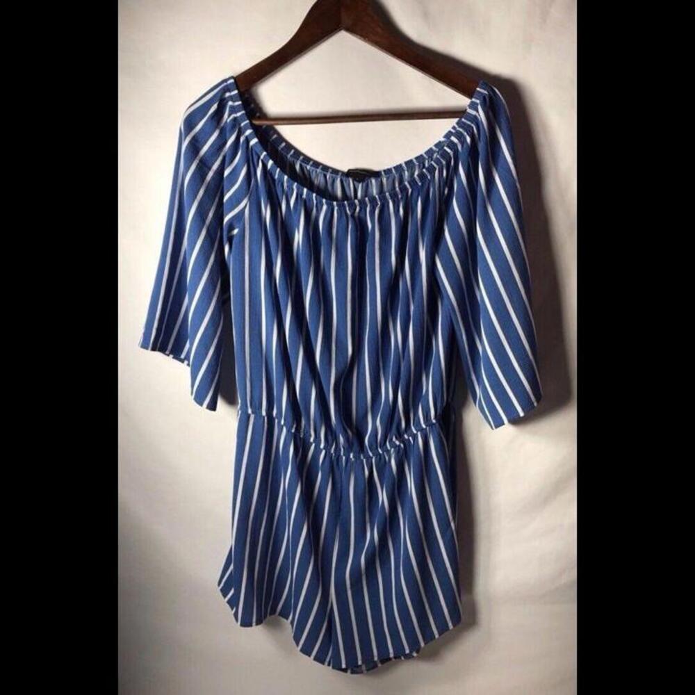 Ambiance Blue White Striped Strapless Off Shoulder Romper Shorts Size L Large